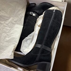 New w/Box Marc Fisher Riley Tall Suede Stretch Calf Boots Black Suede Sz 8.5M